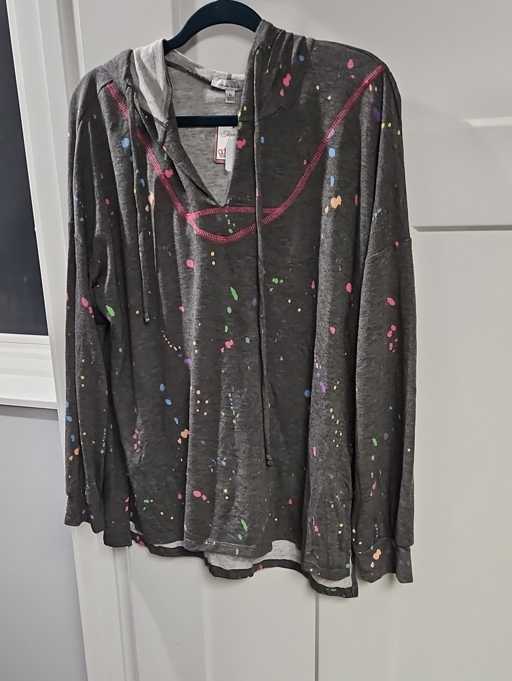 white birch Gray Hoodie with Multicolor Paint-Splatter